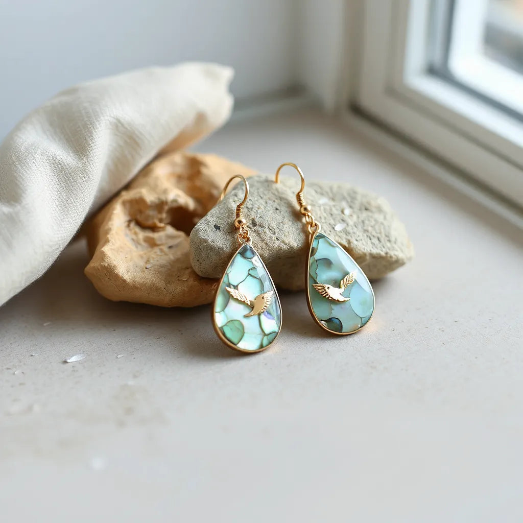 Iridescent abalone drop earrings with a delicate bird-inspired design on a neutral surface