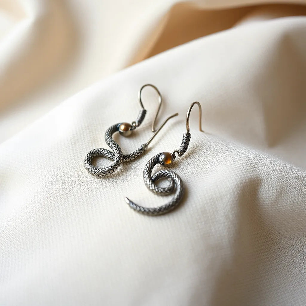 Serpent-inspired earrings with a coiled design and subtle gemstone accents on a neutral fabric background