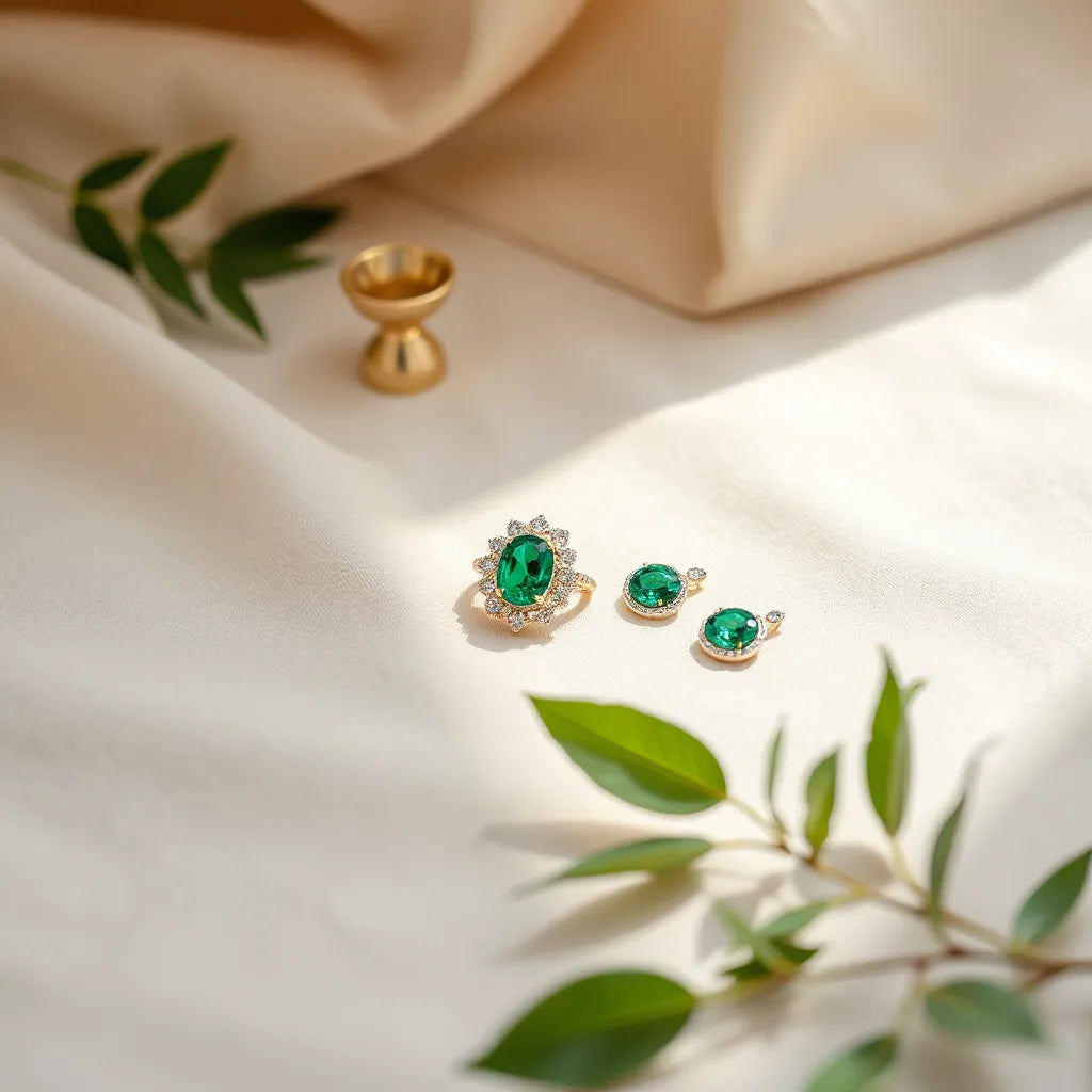 Emerald green floral-inspired jewelry set with matching ring and earrings on neutral fabric