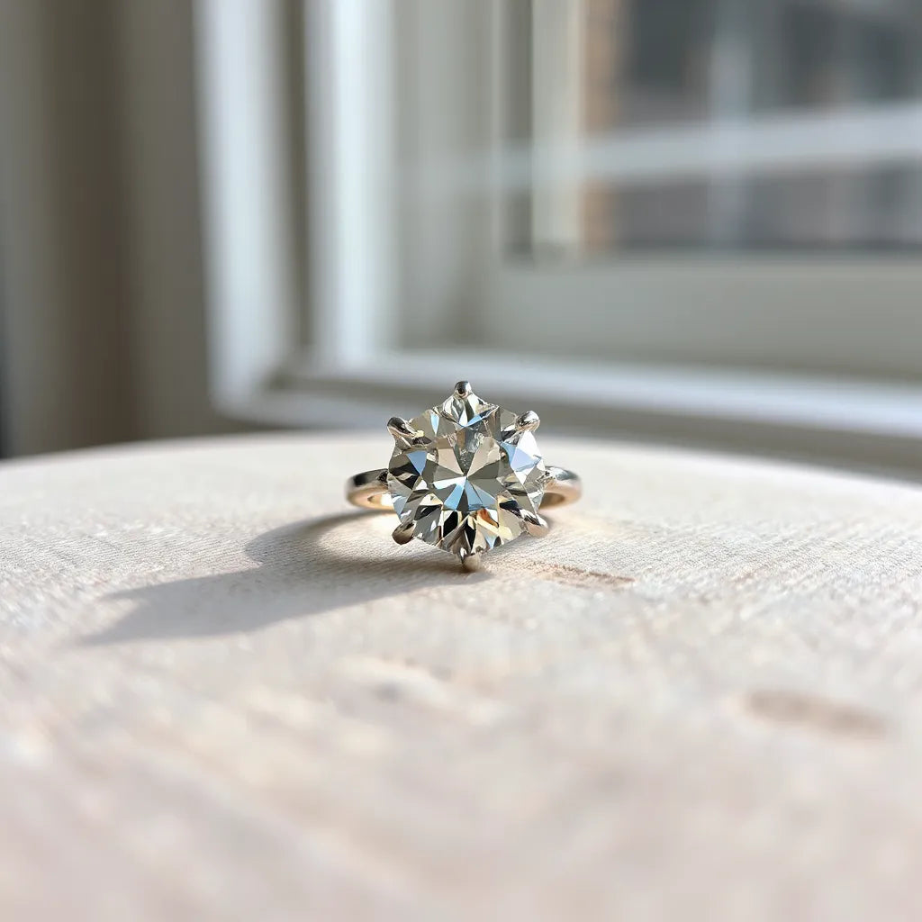 Crystal empire ring with a faceted central crystal on a neutral fabric surface under soft light