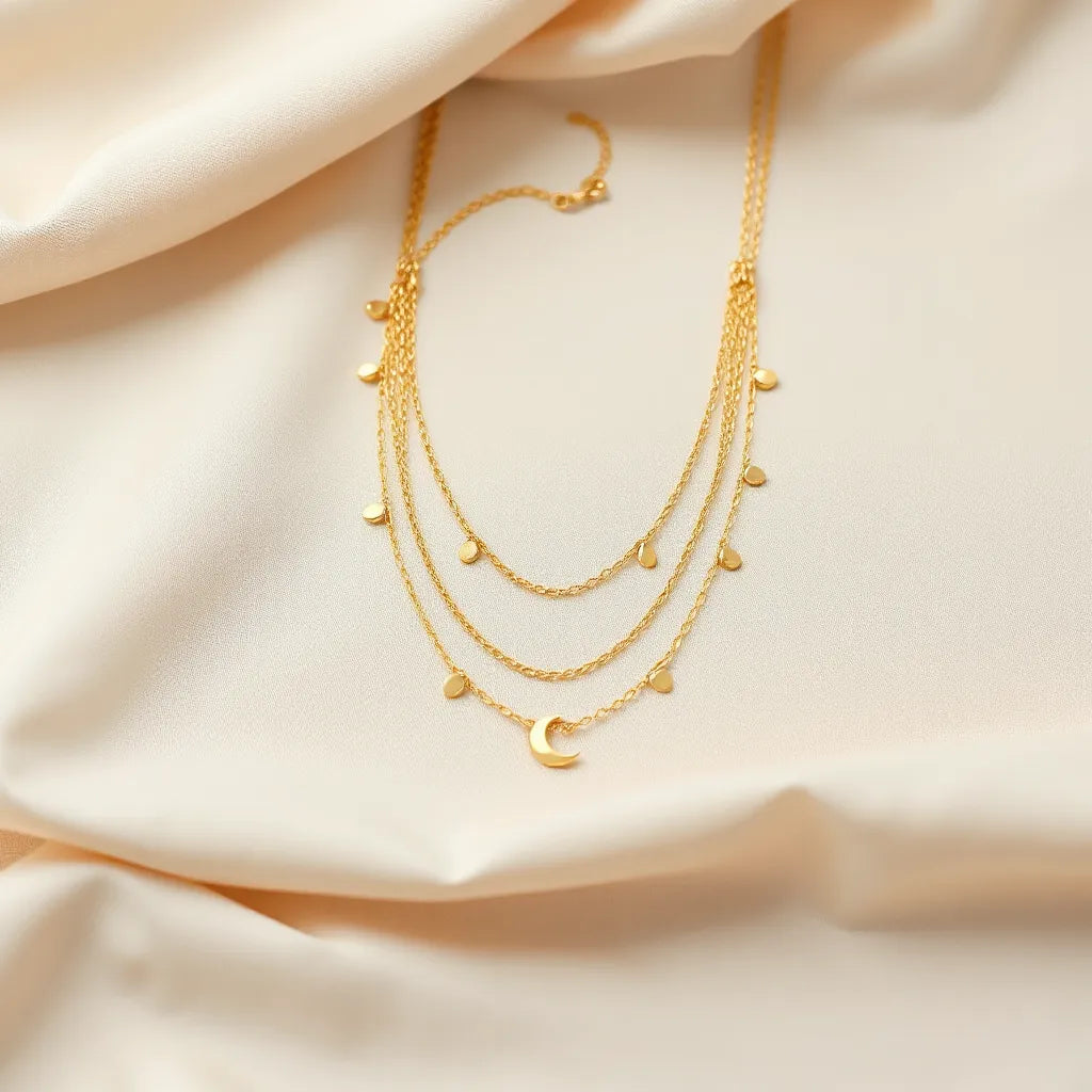 Layered golden crescent necklaces arranged neatly on a soft neutral fabric backdrop