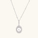 Oval sterling silver pendant with crystal halo surrounding a white freshwater pearl on delicate chain