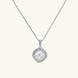 Cushion-shaped double halo pendant with 10mm freshwater pearl center on rhodium-plated sterling silver chain