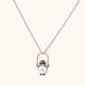 Whimsical owl pendant holding a white pearl on a gold swing, rhodium-plated silver chain on cream background.