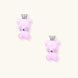 Lavender pink teddy bear earrings with silver crowns, white gold plated brass, viewed from back on cream background
