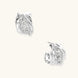 Close-up of sculptural hoop earrings with lattice center band and smooth twisted edges in white gold-plated brass with zirconia
