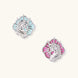 Silver unicorn stud earrings with pastel blue and pink enamel stones in sunburst prong settings on cream background