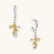 Ornate gold plated cross drop earrings with rose details and sparkling zirconia stones on white background.