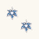 Blue denim fabric star-flower stud earrings with white pearl center and crystal accents on white gold-plated frame